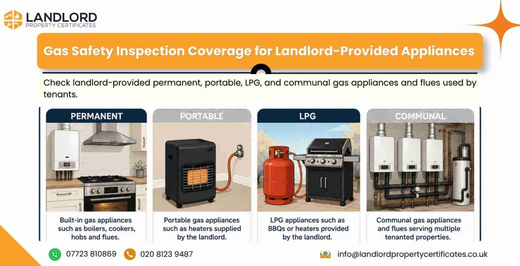 3. check landlord provided permanent portable LPG and communal gas appliances and flues