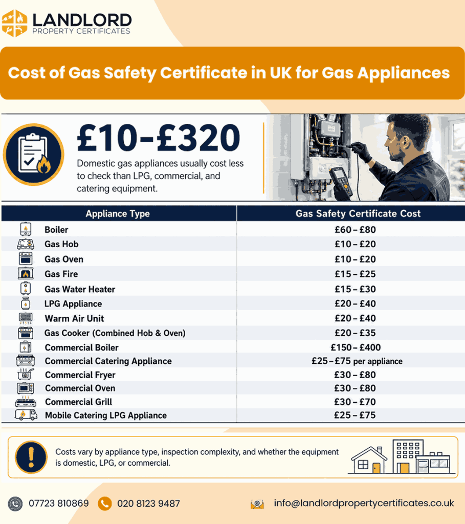 gas safety certificate cost by appliance type