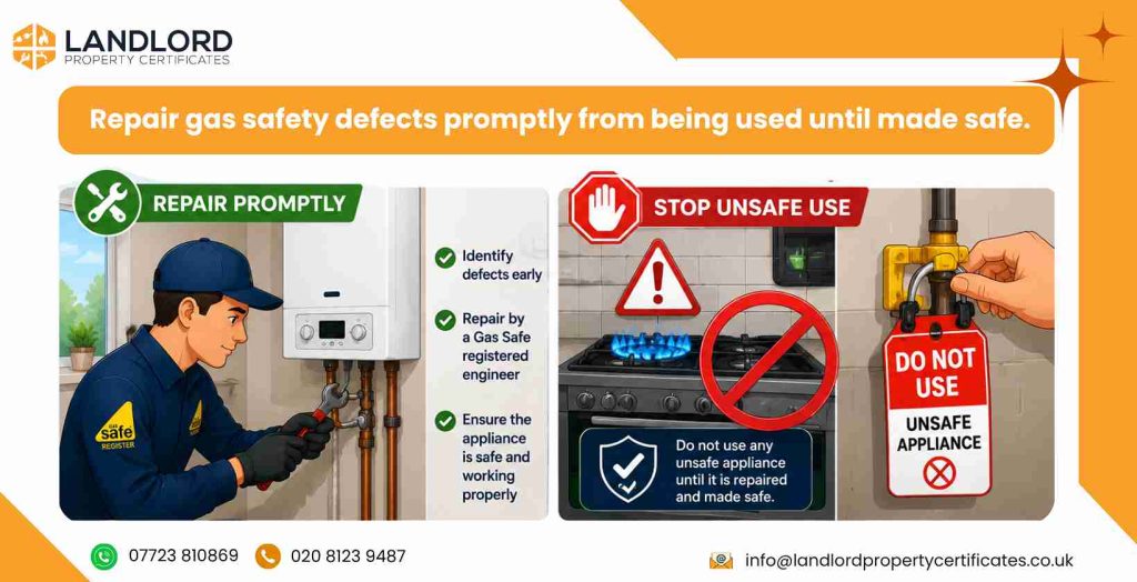 repair gas safety defects promptly and stop unsafe appliances